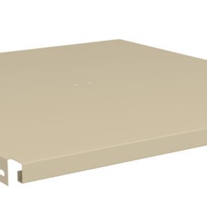 Beige metal shelf panel with a smooth surface and slight lip on the edges. Holes are visible on one side for mounting.