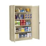 A beige storage cabinet with open doors displays various items on five shelves, including paper plates, plastic cups, cleaning supplies, canned goods, bottled water, and assorted beverages.