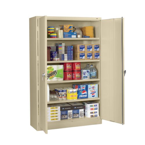 ti03ldg3vnfqarhjneb9.jpg A beige storage cabinet with open doors displays various items on five shelves, including paper plates, plastic cups, cleaning supplies, canned goods, bottled water, and assorted beverages.