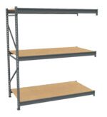 Industrial metal shelving unit with three adjustable wooden shelves. The frame is gray and the shelves are made of light brown wood. The structure appears empty and is isolated against a white background.