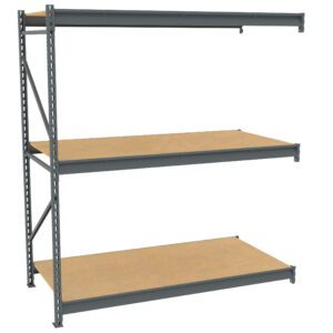 Industrial metal shelving unit with three adjustable wooden shelves. The frame is gray and the shelves are made of light brown wood. The structure appears empty and is isolated against a white background.