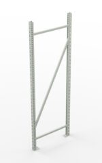 Metal shelving frame with two vertical beams, a diagonal brace, and a horizontal brace, designed for storage systems. It has a light gray finish and multiple holes for adjustable shelving.