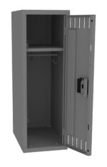 A tall, open metal cabinet with a single shelf in the upper section and a lock mechanism on the door. The interior is empty, and the cabinet is a neutral gray color.