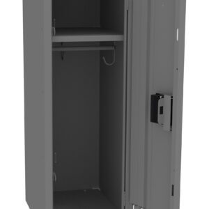 A tall, open metal cabinet with a single shelf in the upper section and a lock mechanism on the door. The interior is empty, and the cabinet is a neutral gray color.