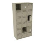 A beige, multi-compartment locker unit with fifteen small lockers arranged in a 3x5 grid. One locker door in the second row is slightly open, revealing an empty interior. Each locker has ventilation slits and a handle with a keyhole.