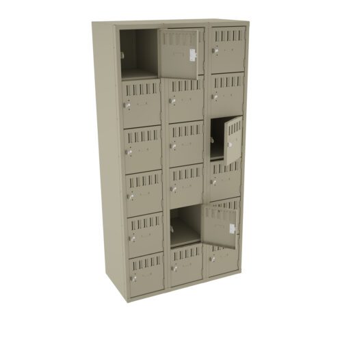 tjnohoejt8uhm3uozqhs.jpg A beige, multi-compartment locker unit with fifteen small lockers arranged in a 3x5 grid. One locker door in the second row is slightly open, revealing an empty interior. Each locker has ventilation slits and a handle with a keyhole.