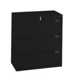 Black three-drawer filing cabinet with a lock on the top drawer and sleek handles, set against a white background.