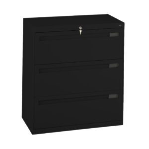 Black three-drawer filing cabinet with a lock on the top drawer and sleek handles, set against a white background.