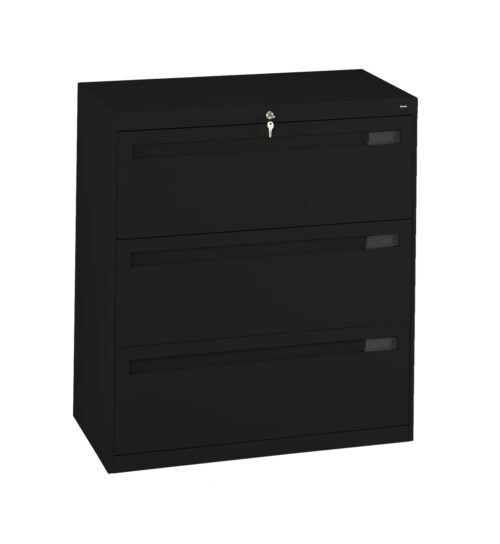 tjvy9ym7yxjpuxnzrvey.jpg Black three-drawer filing cabinet with a lock on the top drawer and sleek handles, set against a white background.