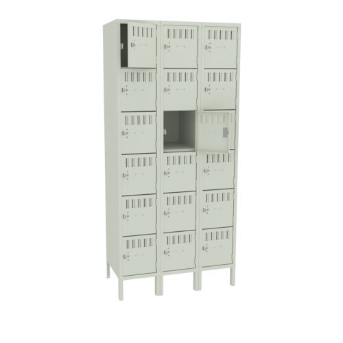 tjwp0txt6uorwktfdyzg.jpg A beige metal locker unit with 18 individual compartments arranged in three columns and six rows. Each compartment has a ventilation slot and a lock mechanism. One door is slightly open, revealing a dark interior.