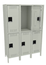 A set of six gray metal lockers, arranged in two rows of three. Two of the lockers have their doors open, revealing empty interior spaces. The lockers have black handles and ventilation slits. The unit stands on short legs.