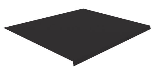 A black, rectangular flat metal sheet with a small hole in the corner, featuring a slightly raised edge on one side, positioned against a white background.