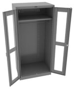 A grey, metal wardrobe with two glass-paneled doors open, revealing a spacious interior with an upper shelf and a hanging rod. The design is simple and industrial, with a smooth finish and adjustable shelving options.
