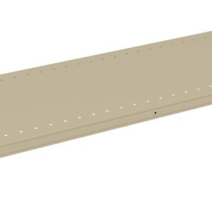 A beige rectangular perforated shelf with metal brackets on each end, viewed from an angle, showcasing its flat surface and multiple small holes along the sides.