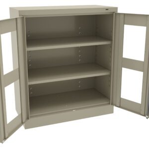 An empty beige metal cabinet with two open doors and three shelves visible. The doors have clear panels, and theres a keyhole on the right door for locking. The cabinet is set against a white background.