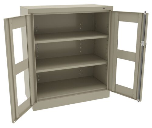 tl38utgxsk75gzos8qux.jpg An empty beige metal cabinet with two open doors and three shelves visible. The doors have clear panels, and theres a keyhole on the right door for locking. The cabinet is set against a white background.