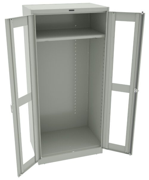 tljdttg5jpipmto8xwjz.jpg A grey metal storage cabinet with double doors open, revealing one shelf at the top and an empty main compartment. The cabinet has a simple, industrial design and is set against a plain white background.