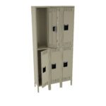 A set of beige metal lockers with six compartments in two vertical rows. Two of the locker doors are open, revealing empty interior spaces. Each door has a vented design and a black handle.