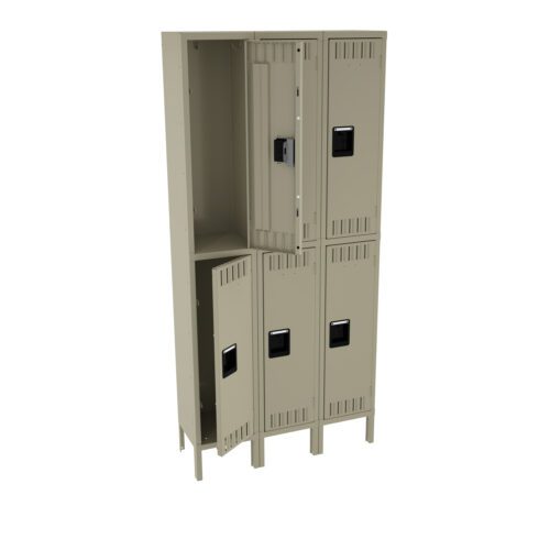 A set of beige metal lockers with six compartments in two vertical rows. Two of the locker doors are open, revealing empty interior spaces. Each door has a vented design and a black handle.