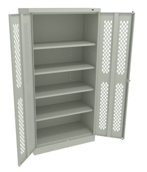 A metal storage cabinet with open doors, revealing five shelves inside. The doors have a diamond-patterned cutout design for ventilation. The cabinet is painted light gray.