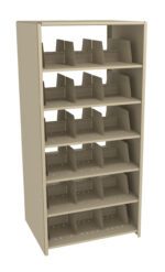 A beige, multi-tiered Tennsco shelving unit with adjustable dividers is perfect for organizing documents or office supplies. The angled shelves and multiple compartments offer versatile storage options. The unit stands empty and is viewed from a slight side angle.
