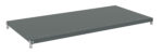 A rectangular metal shelf with a dark gray finish. The shelf has small holes along the sides and is supported by four brackets at each corner. The surface is flat and unadorned.