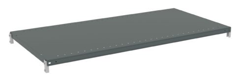 A rectangular metal shelf with a dark gray finish. The shelf has small holes along the sides and is supported by four brackets at each corner. The surface is flat and unadorned.