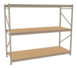 A beige metal storage shelf with three tiers, each made of wood. The frame features angled supports and holes for adjustable shelf placement. The shelves are empty and the unit stands on a plain white background.