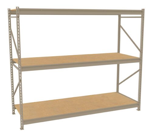 A beige metal storage shelf with three tiers, each made of wood. The frame features angled supports and holes for adjustable shelf placement. The shelves are empty and the unit stands on a plain white background.
