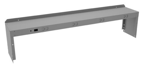 tmtx9ameniqtgumho8zu.jpg A long, rectangular metallic bracket with multiple circular cutouts and a few square cutouts, designed for mounting purposes. The surface has a gray finish and flanges on both sides for attachment.
