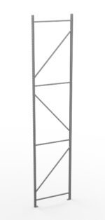 Metal shelving frame with vertical supports, diagonal cross-bracing, and horizontal bars. The structure is tall and slender, designed for warehouse or storage use. The background is plain white.