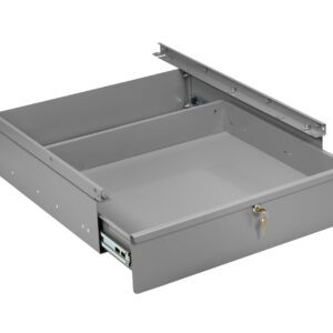 Gray metal drawer with a lock on the front, partially open. It is designed for under-desk installation and includes sliding rail mechanisms on each side for smooth operation.