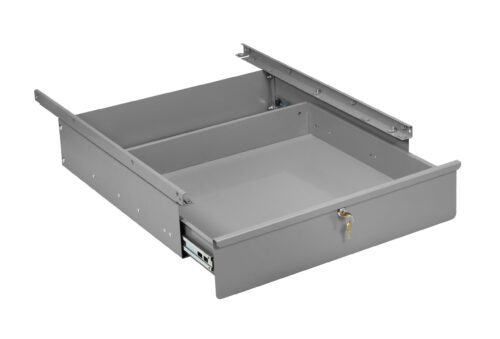 Gray metal drawer with a lock on the front, partially open. It is designed for under-desk installation and includes sliding rail mechanisms on each side for smooth operation.