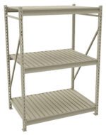 A metal storage shelf with three tiers and a simple, sturdy design. The shelves have a ribbed surface, and the unit is supported by vertical beams and diagonal braces for stability. The shelf is set against a plain white background.