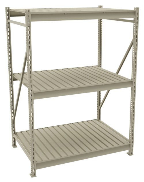 A metal storage shelf with three tiers and a simple, sturdy design. The shelves have a ribbed surface, and the unit is supported by vertical beams and diagonal braces for stability. The shelf is set against a plain white background.