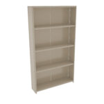 A beige metal shelving unit with four adjustable shelves, standing upright. The shelves have uniformly spaced holes along the sides for customization. The unit has a simple, functional design.