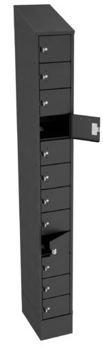 Tall black locker unit with ten compartments, each with a combination lock. The second compartment from the top is open, revealing an interior similar to the closed ones. The unit is standing on a flat surface.