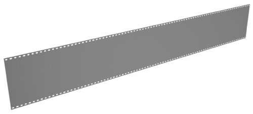 toeuxrujtcwqc3ic9udl.jpg A long, blank strip of vintage camera film with perforated edges against a white background, viewed from an angle.