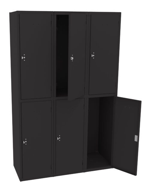 A set of six black lockers, arranged in two rows of three. Two locker doors, one in the top middle and one in the bottom right, are open. The lockers have simple locks and a smooth finish.