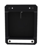 A black, rectangular metal bracket with a hollow center, featuring two circular holes at the top and a rectangular slot at the bottom. The bracket has a solid back and open front.