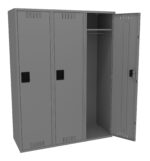 A set of three linked gray metal lockers, with one locker door open revealing an empty interior with a rod for hanging items. The other two lockers are closed. Each locker has a black handle.