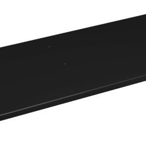 A flat, rectangular black metal shelf with smooth surfaces and slightly rounded edges, viewed from an angled perspective. Two small holes are visible on the front edge for mounting.