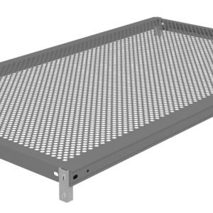 A gray perforated metal shelf with a rectangular frame and downward-facing support tabs on each corner. The surface is covered with evenly spaced round holes.