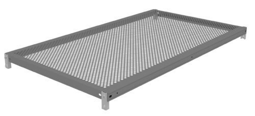 A gray perforated metal shelf with a rectangular frame and downward-facing support tabs on each corner. The surface is covered with evenly spaced round holes.