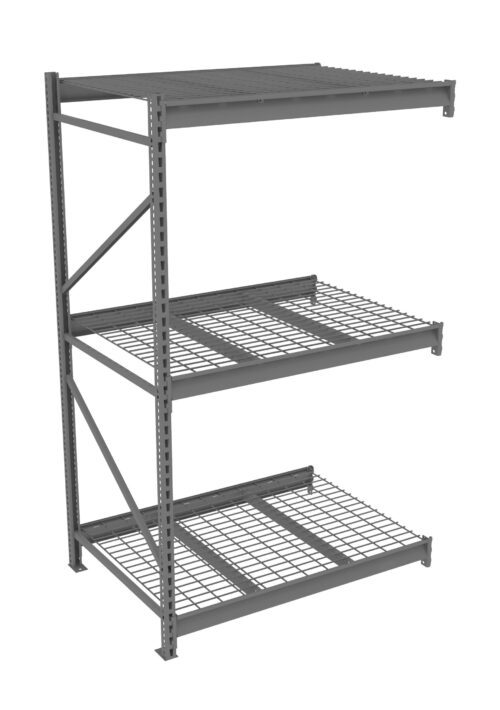 Three-tiered industrial metal shelving unit with mesh metal shelves, suitable for heavy-duty storage. The frame is solid and durable, designed for warehouse or garage use. Shelves are evenly spaced.