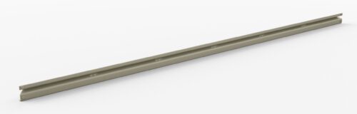 tq1bw52swjzlp2sgj8no.jpg A long, thin, light gray metal rail with a smooth surface, slightly elevated on one edge, and small rounded notches evenly spaced along its length. Its set against a plain white background.