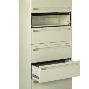 A beige metal filing cabinet with five drawers. The top drawer is slightly open, revealing a lock. The second and fourth drawers are fully closed, while the third and bottom drawers are partially pulled out, showing some internal compartments.