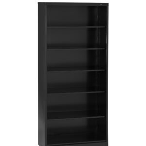 A tall black bookshelf with five adjustable shelves. It has a simple, modern design and stands on a flat base. The shelves are empty, highlighting the sleek, minimalist appearance.
