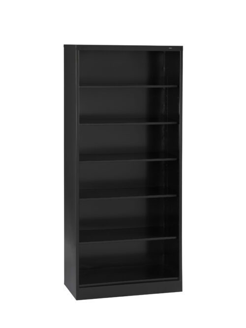 A tall black bookshelf with five adjustable shelves. It has a simple, modern design and stands on a flat base. The shelves are empty, highlighting the sleek, minimalist appearance.