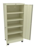 Beige metal storage cabinet with one door open, revealing five empty shelves. The cabinet is on wheels, allowing for easy movement.